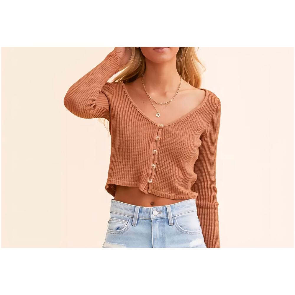 NWT Billabong Waffle Knit Henley Crop Top L Rust Terracotta Button Up Thermal